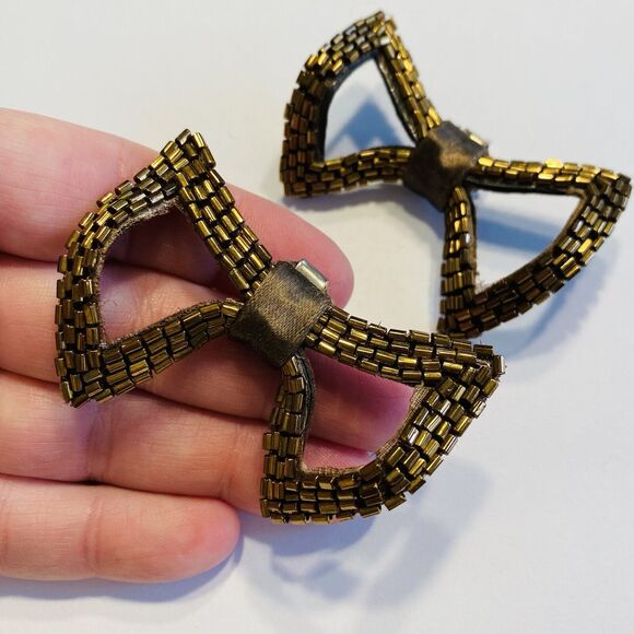 Vintage Shoe Clips Pair Coppery Glass Seed Beads Mid Century Art Deco Fashion - Picture 3 of 6